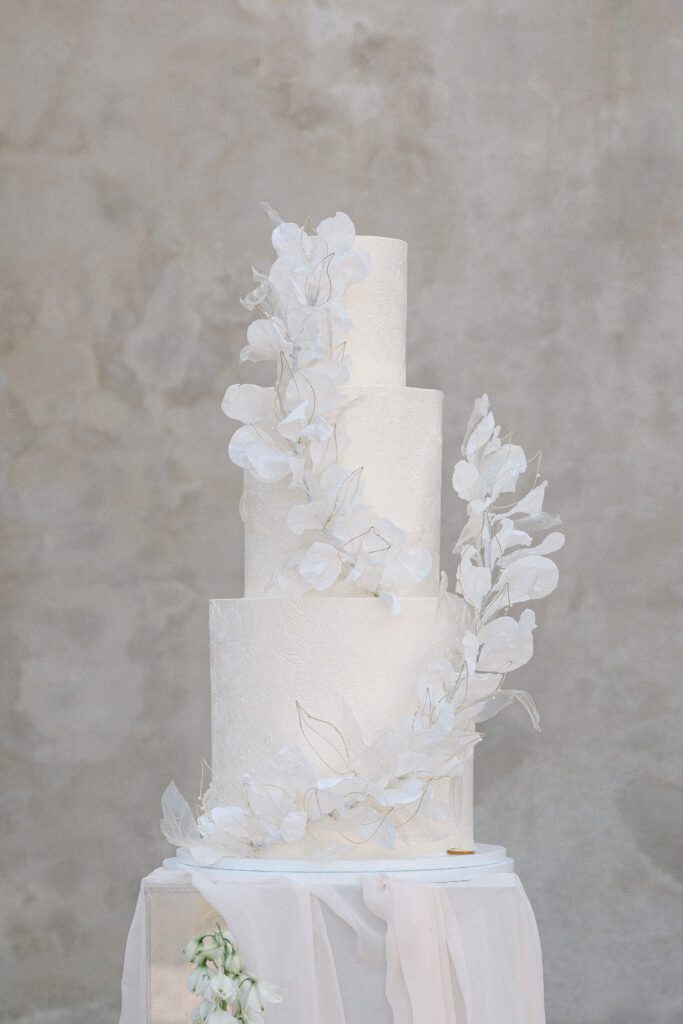 Minimalistic and sophisticated white wedding cake, a favorite for 2023