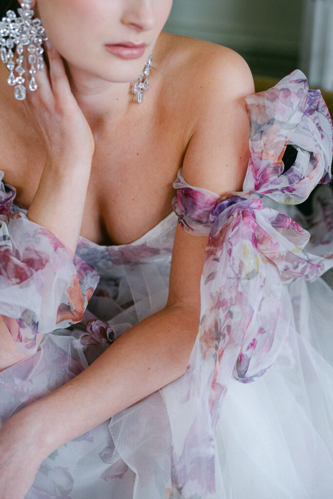 Details of colored floral wedding gown Rose by Edwin Oudshoorn, captured by European destination wedding photographer Alexandra Vonk