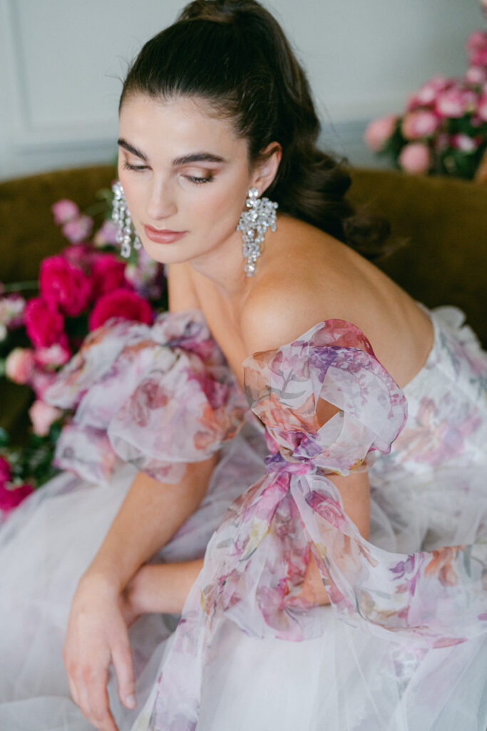 Details of colored floral wedding gown Rose by Edwin Oudshoorn, captured by European destination wedding photographer Alexandra Vonk